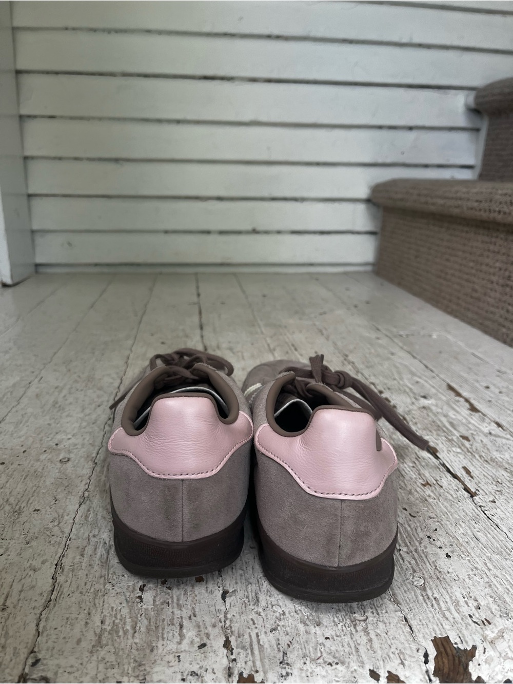 adidas women’s Suede Sneakers in Taupe, White & Pink Accents - Picture 5 of 6